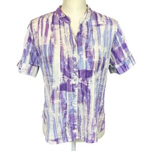 Alison Daley Top Petite Women Size PM Purple White Artsy Boho Casual Button Up
